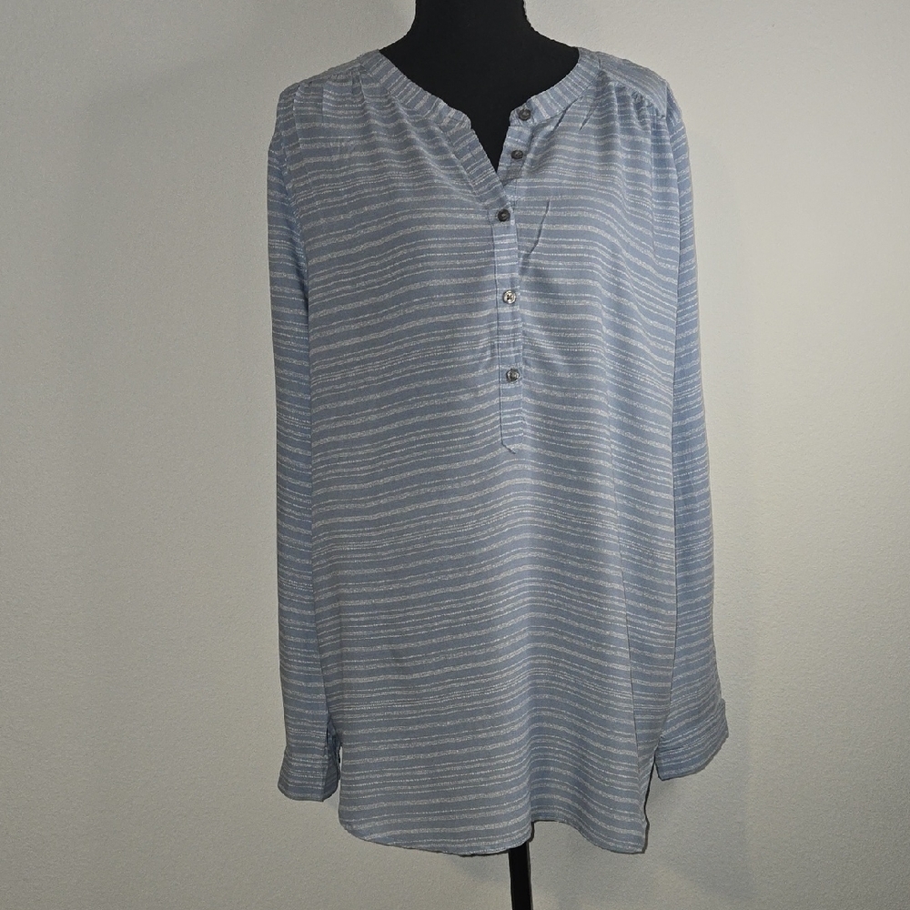 LOFT Light Blue and White Striped Henley Top